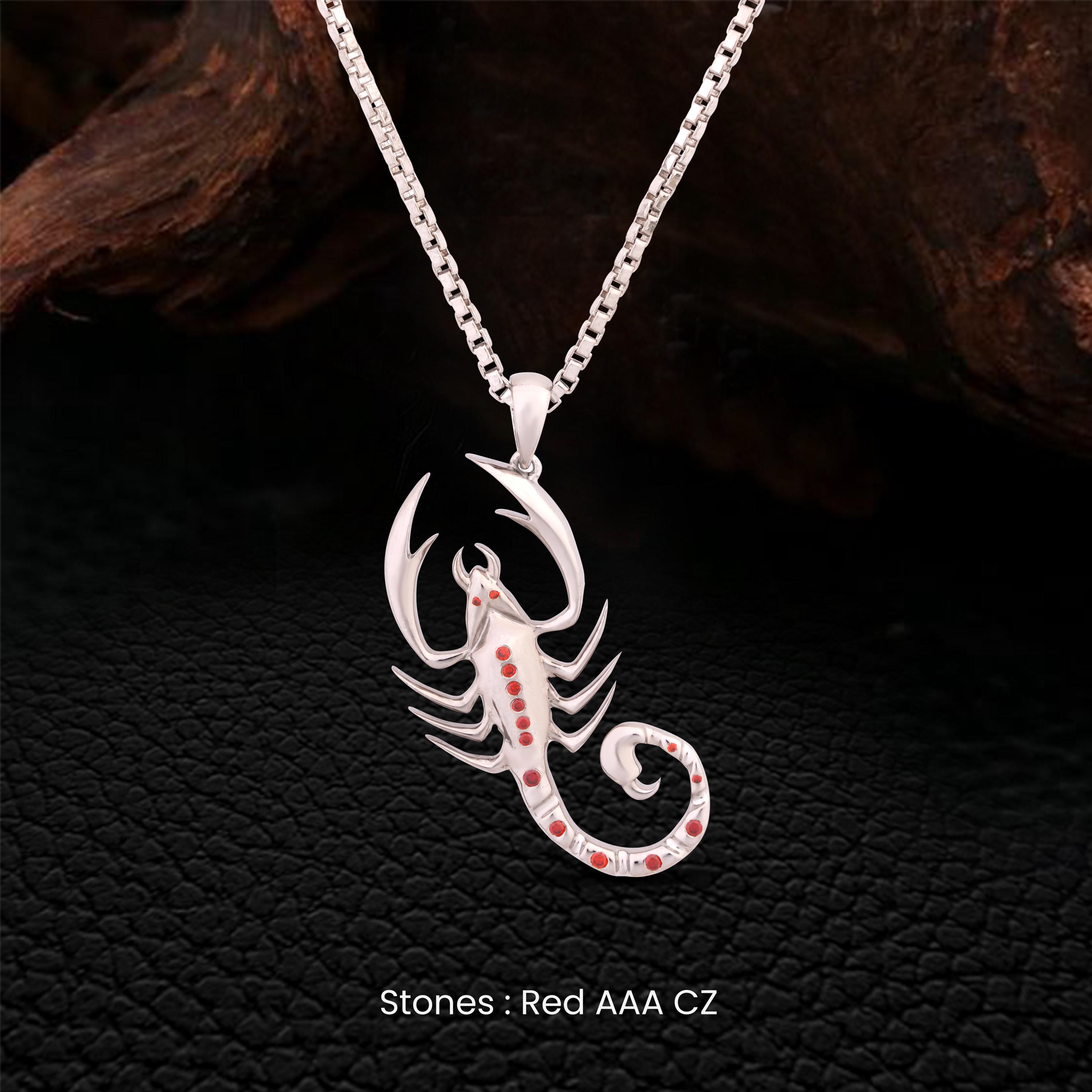 Sterling Silver Scorpion Pendant Necklace With Red AAA CZ, Scorpio
