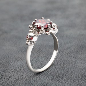 Red Garnet Skull Ring Sterling Silver, Vampire Skull Engagement Ring Women&#39;s, White Gold Skull Wedding Ring, Gothic Ring, Witch Goth Jewelry