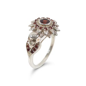 Solid White Gold Skull Ring For Women 0.80TCW Red Garnet Flower Skull Engagement Ring Gothic Witchy Spooky Halloween Skull Jewelry Handmade