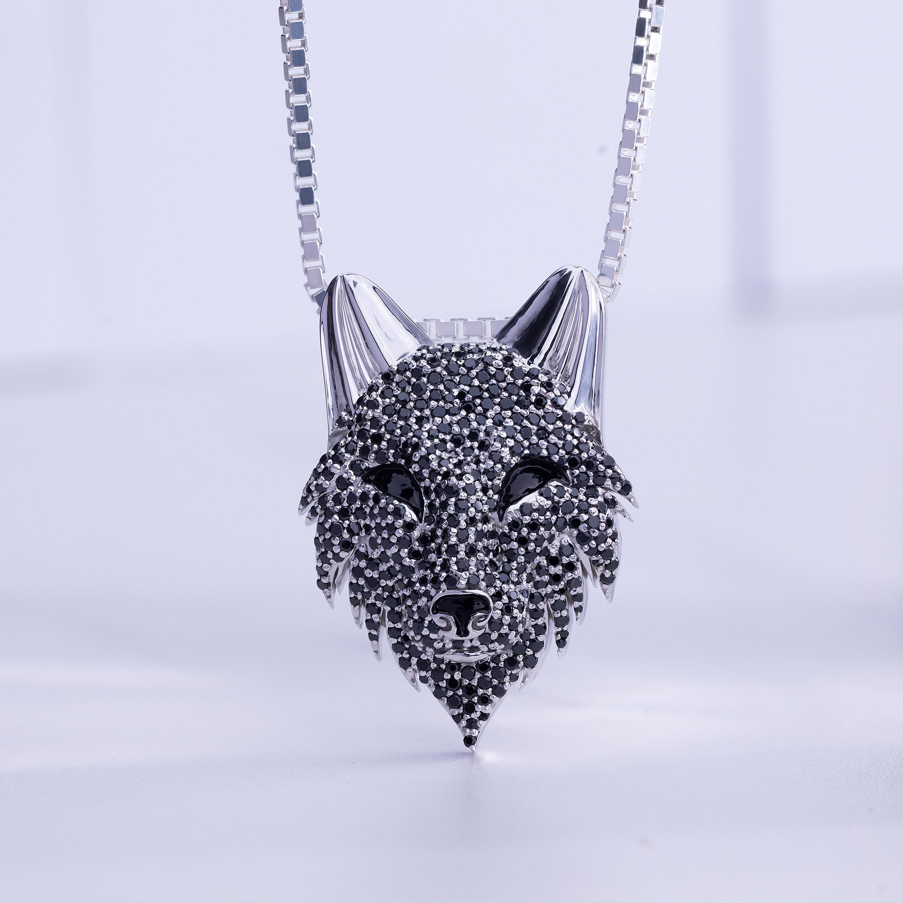 アクセサリー wolf Wolf Necklace 925 Sterling Silver, Black CZ Wild Canine Animal