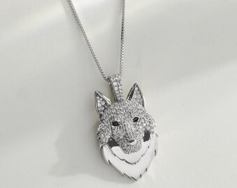 Sterling Silver AAA CZ Iced Out Wolf Pendant Necklace for Men