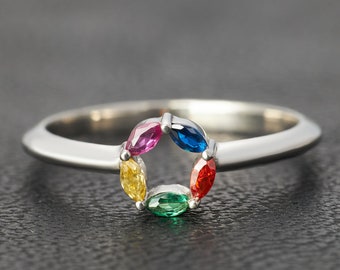 Multi Gemstone Ring, Sterling Silver Midi Ring, Personalized Birthstone Ring, Family Ring, Friends Ring, Custom Jewelry, Multi-Stone Rings