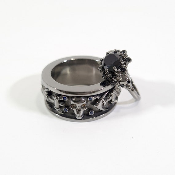 Gothic Spooky Skull Engagement Ring Mesh Skull Ring Gun Metal Fn Sterling Silver 