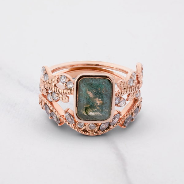 Radiant Cut Natural Moss Agate Bridal Ring Set Art Deco Vintage Style Engagement Ring Curved Wedding Band Rose Gold Nature Inspired Jewelry