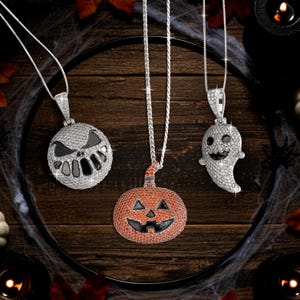 Gefrorene heraus Halloween-Anhänger Jack Kürbis-nette Geist-Halskette, Bling Hip Hop Schmuck 925 Sterling Silber AAA CZ, gruselige Gothic Süßes oder Saures