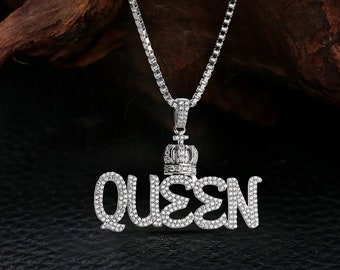 Hip Hop QUEEN Necklace Moissanite Diamond Iced Out Queen with Crown  Pendant Gift 925 Sterling Silver Urban Jewelry Fashion Statement
