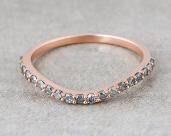 Anillo de boda de oro rosa con diamantes naturales de sal y pimienta para mujer, anillo curvo apilable, anillo de promesa de eternidad con diamantes grises, anillo de aniversario, regalo
