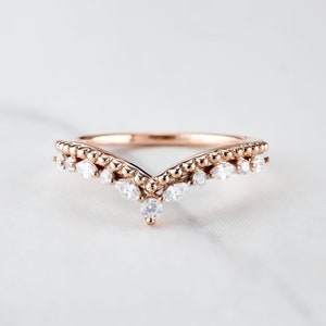 Milgrain Wedding Band for Women - Curved Chevron Ring Enhancer - Art Deco Vintage Style - AAA CZ Diamonds - Rose Gold - White Gold - Stack