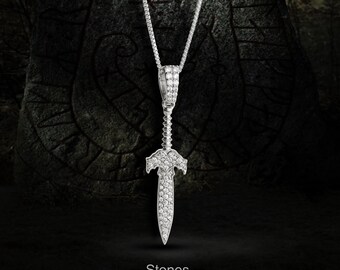 Viking Sword Necklace - Sterling Silver Moissanite Iced Out Warrior Pendant, Nordic Jewelry