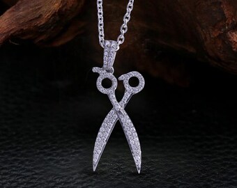 925 Sterling Silver Moissanite Iced Out Scissor Pendant Necklace, Unisex Barber Jewelry, Scissor Charm, Gift for Hairstylist, Hip Hop Lover
