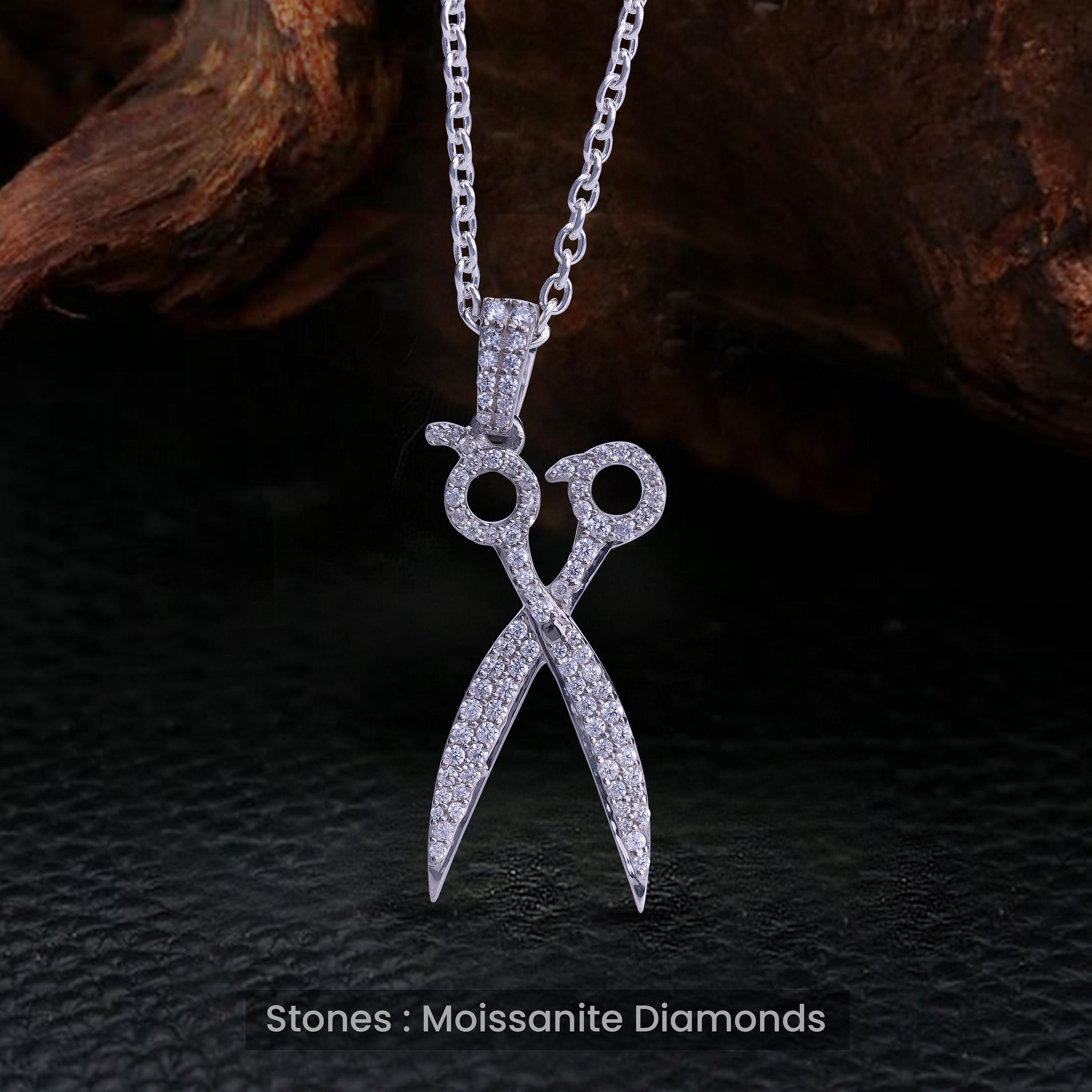 925 Sterling Silver Moissanite Iced Out Scissor Pendant Necklace 