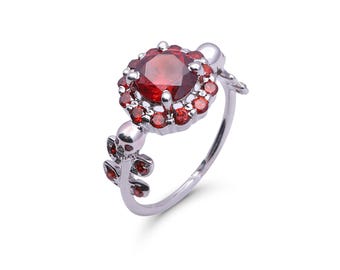 Leaf Skull Ring for Women - 925 Sterling Silver Garnet Engagement Ring