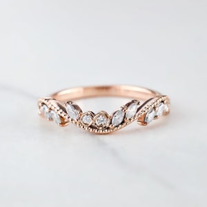 Marquise Round Moissanite Curved Enhancer Wedding Band Engagement Ring Enhancer Guard Sterling Silver Rose Gold Milgrain Art Deco Vintage