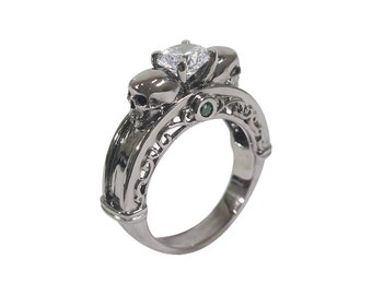 Skull Diamond Engagement Ring For Women, Diamond Skull Ring Womens, Gothic Rings, Halloween Jewelry, 925 Sterling Silver Gun Metal Finish