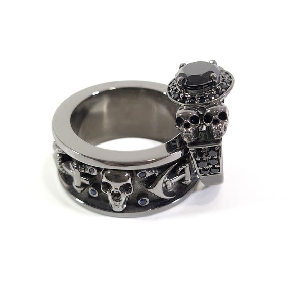 Halo Onyx Skull Wedding Ring Set, Gothic Sterling Silver Rings - Etsy
