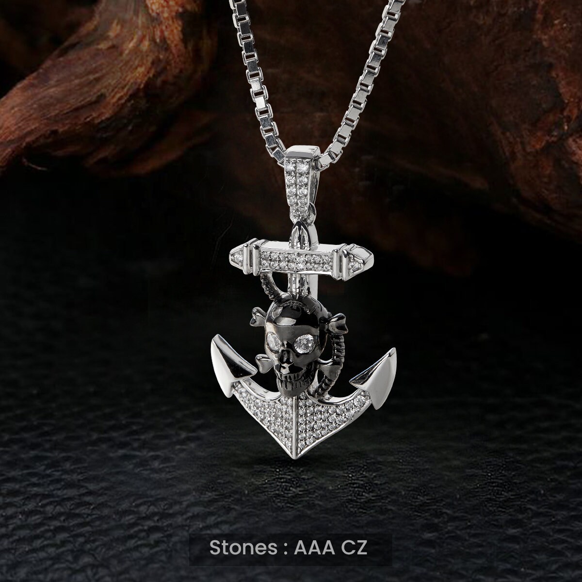 Pirate Necklace - Sterling Silver Two Tone Iced Anchor Skull 
