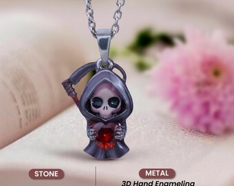 Grim Reaper Necklace 3D Enameled Skeleton Scythe Reaper Pendant 18
