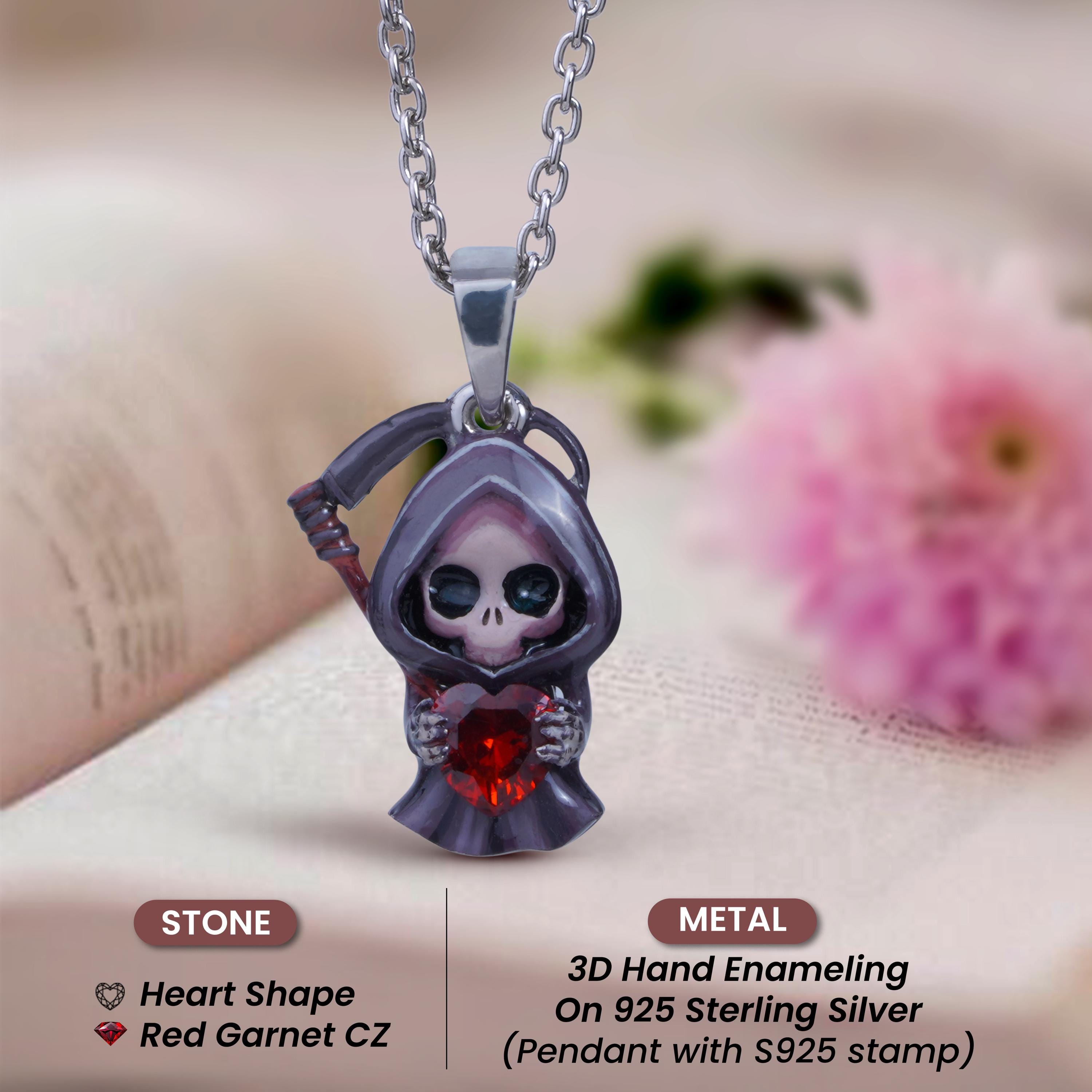 Grim Reaper Necklace 3D Enameled Skeleton Scythe Reaper Pendant 18 