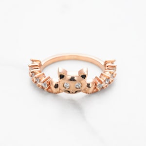Cat Ring Cute Kitten Kitty Ring Animal Pet Cat Jewelry Cat Lover Gift Diamond Cat Wedding Band Stacking Band 925 Silver-Rose Gold-White Gold