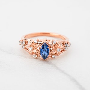 Marquise Cut Blue Sapphire Engagement Ring, Rose Gold Art Nouveau Flower Ring, September Birthstone, Nature Inspired Floral Wedding Jewelry