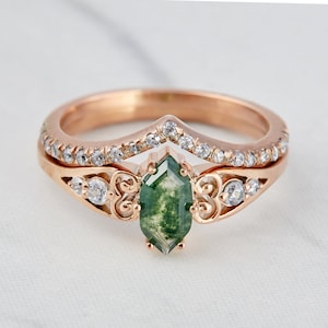 Long Hexagon Cut Natural Moss Agate Engagement Ring Set Rose Gold Bridal Set Moissanite Curved Wedding Band Art Deco Vintage Statement Rings