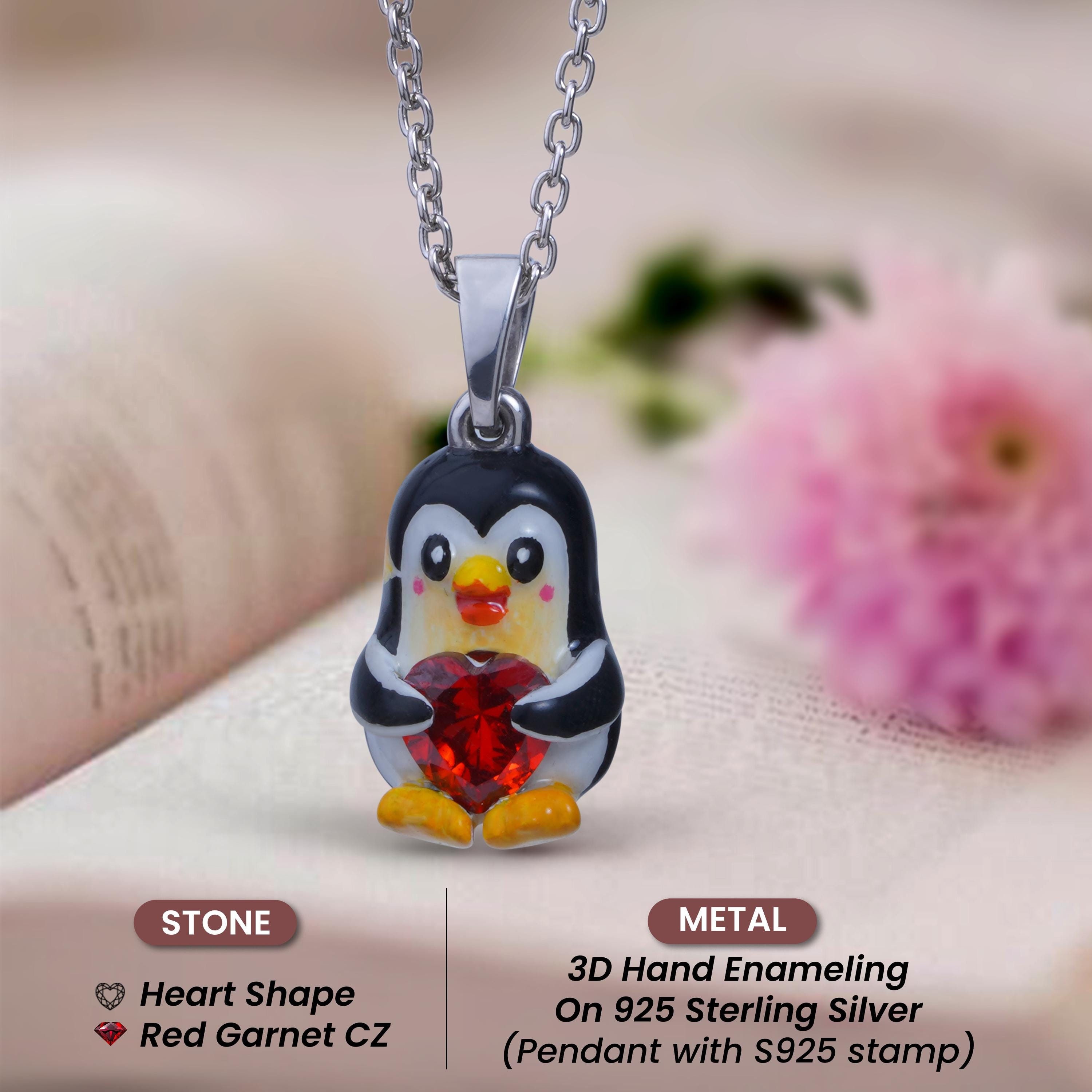 ペンギンネックレス 子供 女の子 925スターリングシルバー ハート型 3D 