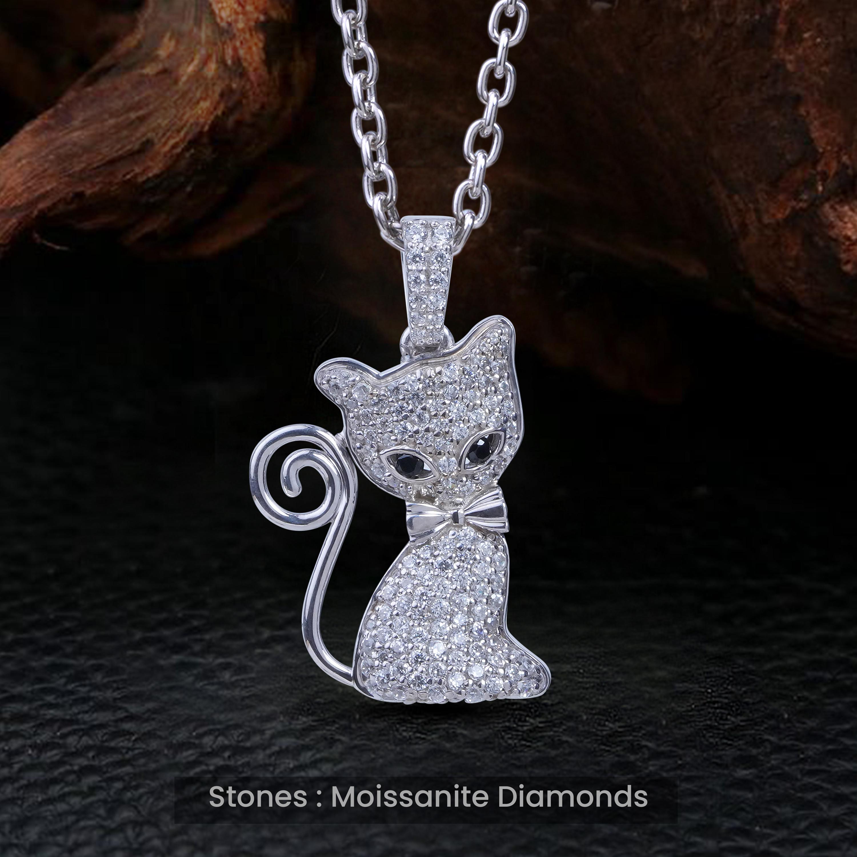 Collar De Plata 925 Con Colgante De Gato Y Luna – Joyería Fina Para Mujer, Regalo Perfecto En Caja
