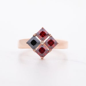 Multi Gemstone Rings Princess Cut Red Garnet and Black Spinel Gothic Engagement Ring Rose Gold Promise Ring Cocktail Party Statement Jewelry