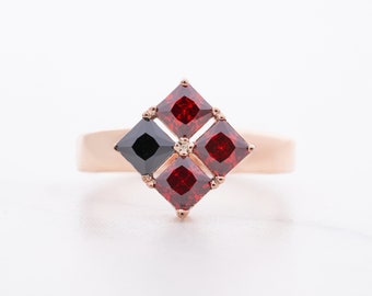 Anillo de compromiso gótico rojo y negro para mujer, talla princesa, granate paloma espinela, gema natural, promesa de boda, joyería de Halloween, oro rosa