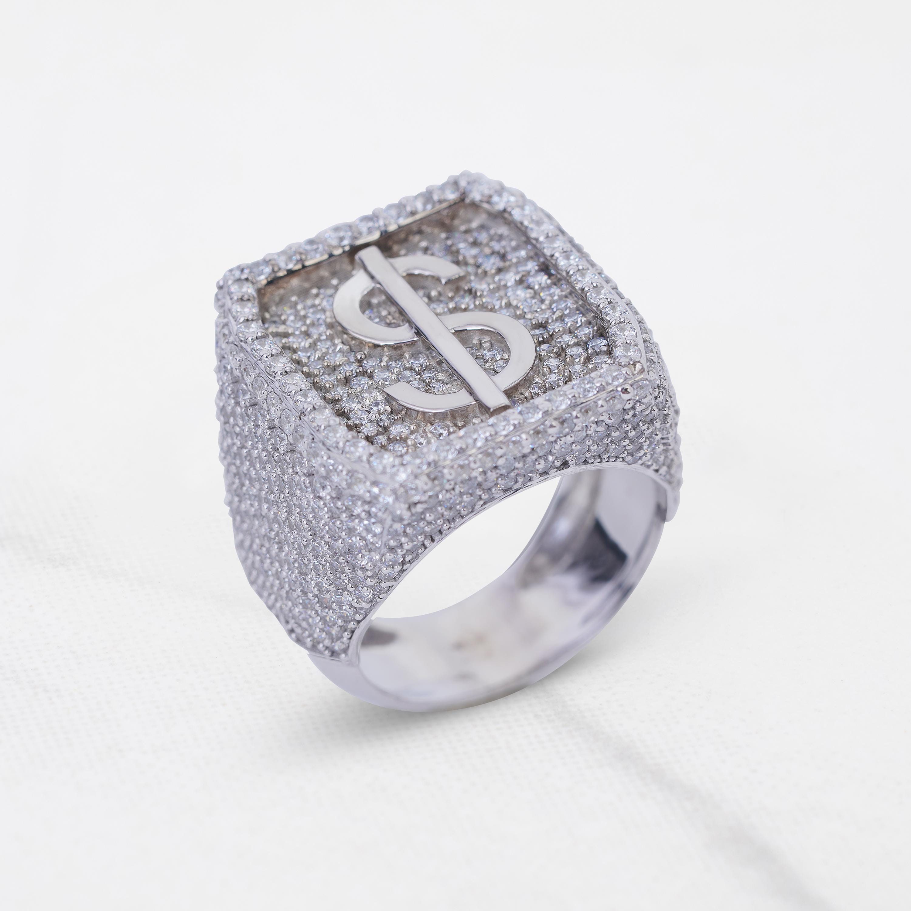 Moissanite Iced Out Dollar Sign Ring for Men, 925 Sterling Silver 
