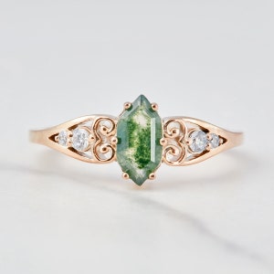 Long Hexagon Cut Natural Moss Agate Ring-Moss Agate Engagement Rings-Green Gemstone-Rose Gold Plated Sterling Silver-Promise Ring for Women