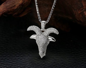 Iced Out Goat Pendant Necklace, Greatest Of All Time GOAT, Capricorn Goat Jewelry, Animal Lover Memorial Keepsake Gift, Hip Hop, 925 Silver