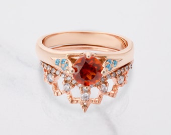 Orange Sapphire Cocktail Engagement Ring Set, Multi Colored CZ Gemstone 14k Rose Gold Bridal Ring Set Art Deco Tiara Wedding Band Cathedral