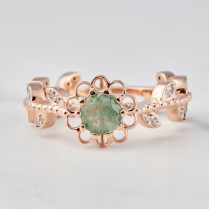 Nature Inspired Flower Moss Agate Engagement Ring for Women 10k 14k Solid Rose Gold Healing Gemstone Floral Leaf Art Deco Promise Ring Gift