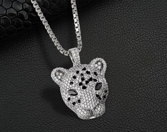 Leopard Necklace Black Spotted Cheetah Jaguar Pendant Iced Leopard Necklace Black Spotted Cheetah Jaguar Pendant Iced