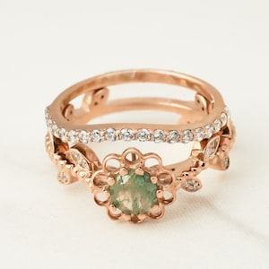 Natural Moss Agate Ring Set Rose Gold Flower Engagement Ring Set Women Moissanite Curved Wedding Band Bridal Ring Sets Leaf Art Deco Vintage