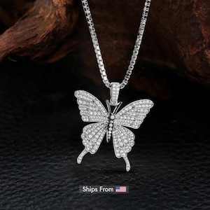 Butterfly Necklace, 925 Sterling Silver AAA CZ Diamond Iced Out Butterfly Pendant Necklace, Hip Hop Jewelry, Nature Lover Gift Two Tone Handmade Free Shipping From USA