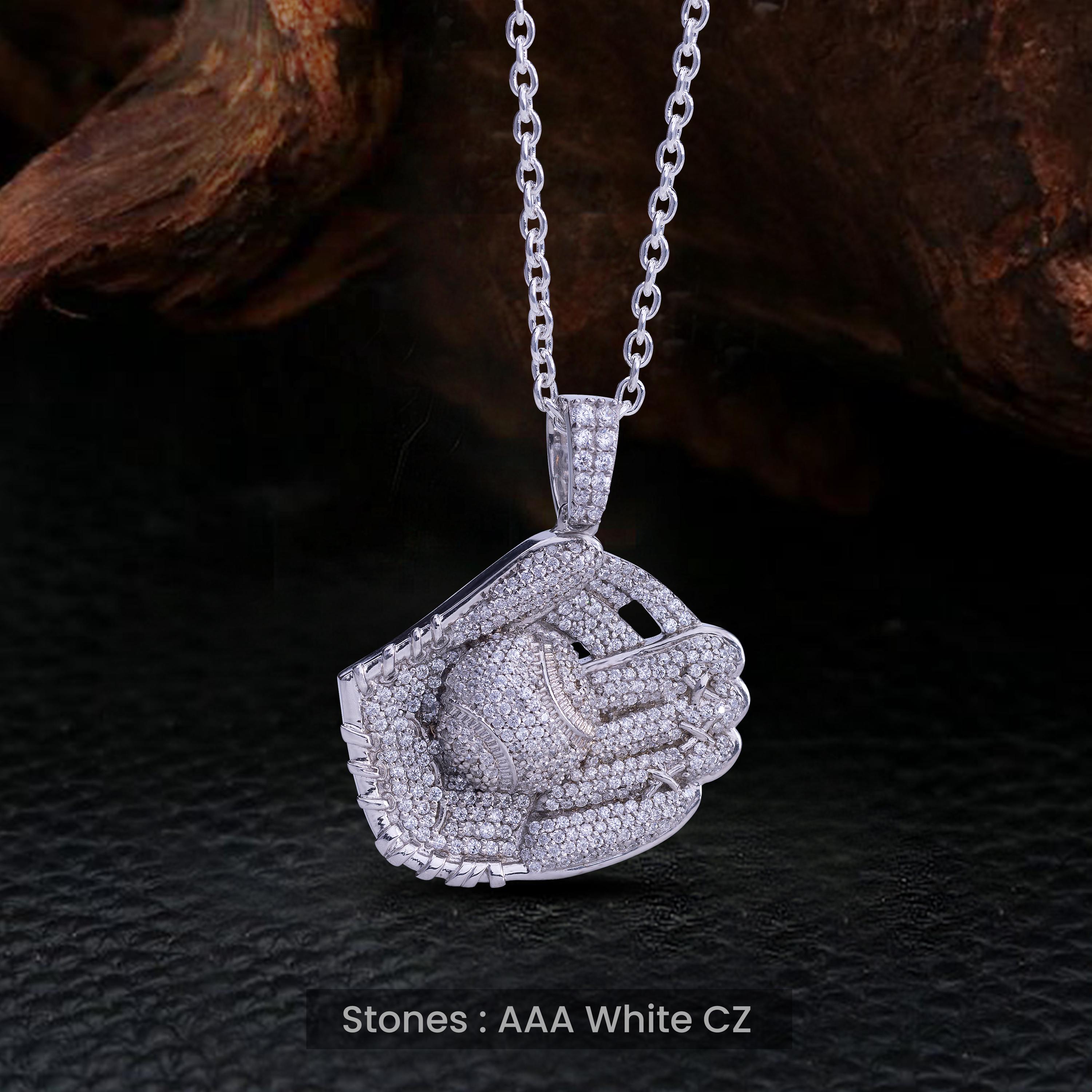MaxBling81 Men's Hip Hop Baseball & Glove CZ Pendant On 24" Rope Chain - Yellow Gold Plated