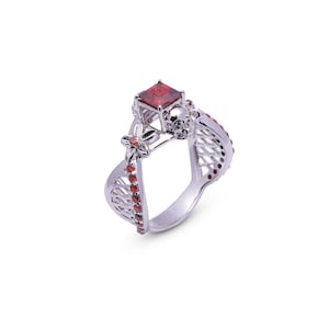Princess Cut Red Garnet Mesh Skull Ring Sterling Silver Gothic Engagement Ring for Women, Skull Wedding Ring, Infinity Flower Goth Jewelry