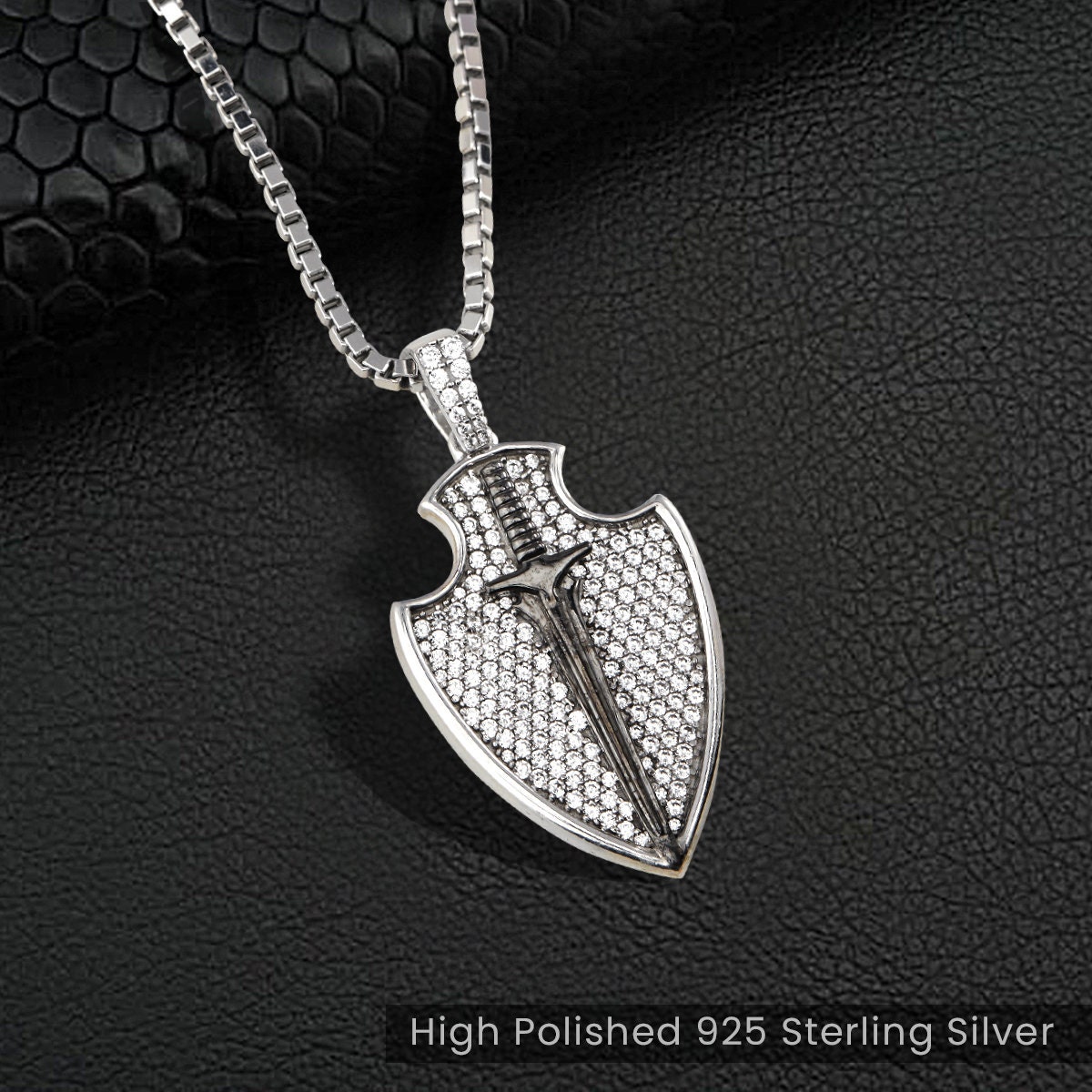 Iced Out Viking Necklace - Moissanite Shield Sword Warrior Pendant 