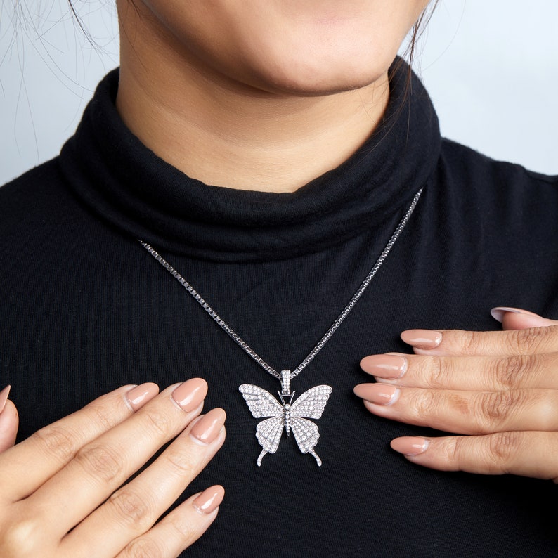 Butterfly Necklace, 925 Sterling Silver AAA CZ Diamond Iced Out Butterfly Pendant Necklace, Hip Hop Jewelry, Nature Lover Gift Two Tone Handmade Free Shipping