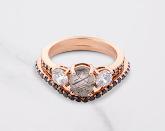 Oval Cut Natural Rutilated Quartz Engagement Ring Salt and Pepper 3 Stone Bridal Ring Set Rose Gold Curved Stacking Wedding Band CZ Diamonds