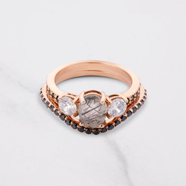 Oval Cut Natural Rutilated Quartz Engagement Ring Salt and Pepper 3 Stone Bridal Ring Set Rose Gold Curved Stacking Wedding Band CZ Diamonds