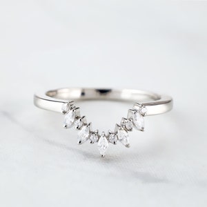 Moissanite Diamond Marquise and Round Vintage Inspired Curved Wedding Band Ring Enhancer Guard Stack, Sterling Silver, Rose Gold, White Gold