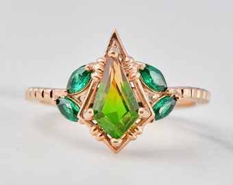 Kite Cut Ring, Unique Doublet Gemstone Ring, Cocktail Engagement Ring, Green Emerald, Modern Statement Rings, Rose Gold Plated 925 Silver
