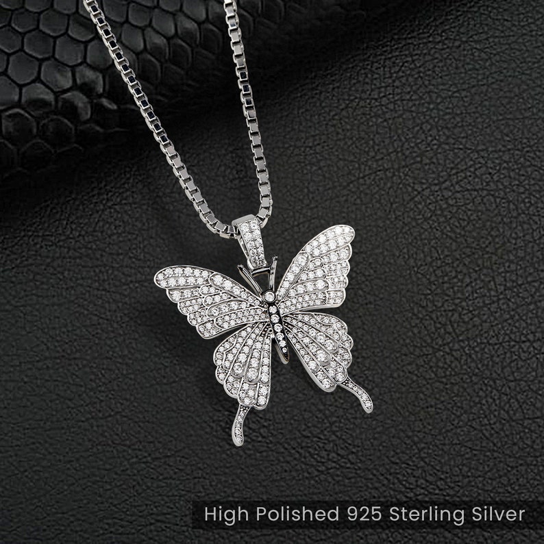 Butterfly Necklace, 925 Sterling Silver AAA CZ Diamond Iced Out Butterfly Pendant Necklace, Hip Hop Jewelry, Nature Lover Gift Two Tone Handmade Free Shipping