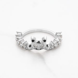 Cat Ring, Cat Jewelry, Moissanite Diamond Cat Wedding Band, Cute Little Kitten Kitty Ring, Stacking Band, Pet Jewelry, Rose Gold, White Gold