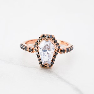 Coffin Moissanite Engagement Ring Wedding Ring for Women Till Death Promise Ring Halloween Jewelry Rose Gold Sterling Silver Statement Rings