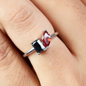 Toi et Moi Ring, 2 Stone Engagement Ring for Women, You and Me Ring, Red and Black Gemstone, Promise Ring, Anniversary Gift, Sterling Silver