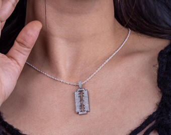 Razor Blade Pendant With Chain 925 Sterling Silver AAA Cubic